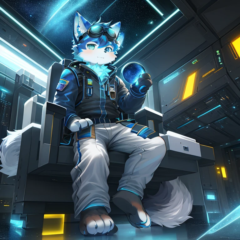 "(High quality sci-fi scenery and shadows,Ray Tracing,Particle Effects,8k resolution),(Cat-eared Shota boy and oversized wolf tail+The ears are big and long)of(White luminous pants+皮毛是白色of+Yellow and blue luminous clothes),Wearing futuristic sci-fi naval command uniform,Space Helmet,Goggles,Animal-type feet,散发着神秘又英气of可爱气质。"