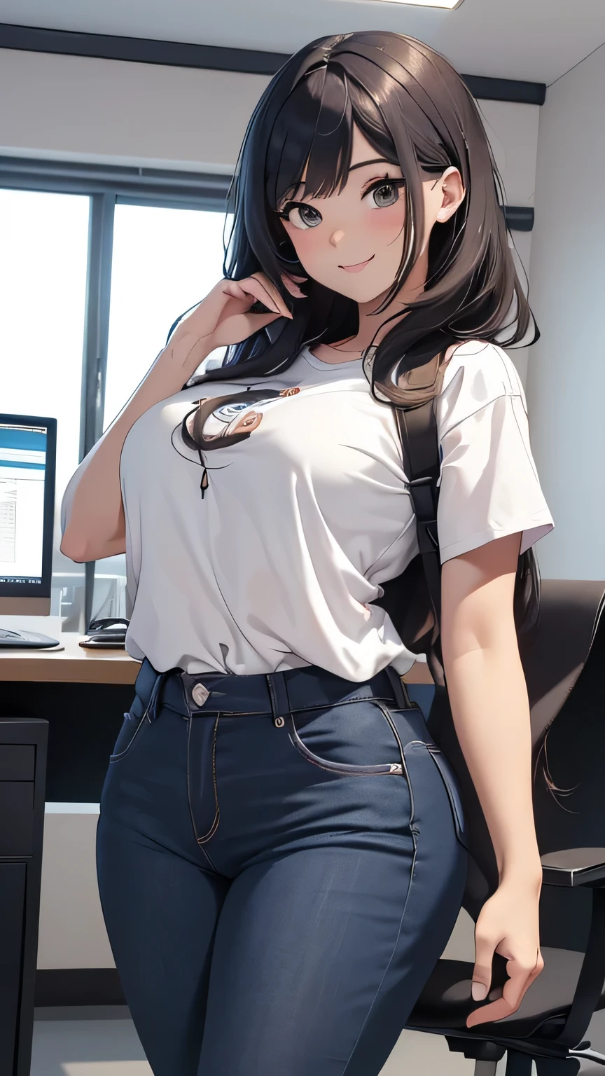 (8k, RAW foto, mejor calidad, (Obra maestra, super high quality, super detailed), anime style chica joven, random color of hair and style Absoluto, detalles intrincados, Mujer arafed apoyada en un escritorio con tres pantallas de computadora., showing stock charts, En frente de una computadora, sentado en una computadora desk, mirando el monitor, sentado frente a la computadora, sentado en una computadora, Comercio, sentado en un escritorio, Proveedores, Comercio stocks, centrado en el centro, sentado en el escritorio, accurately portrayed, A confident, curvy woman with a captivating smile, Cuerpo completo ((manos finas y detalladas)), mostrando su figura y una cintura bien definida, culata, vista trasera