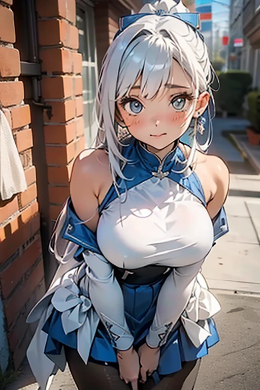 anime,1girl,pov,masterpiece,high quality,High resolution,HD,4K,8K,viscous paint,photo realistic,white hair,(Blue clothe:1.5),Nurse,(Ao Dai:1.2),Cape,(open shoulders:1.4),underbust,(breastshaping:1.2),(boob shaped clothes:1.3),mini tight Skirt,Clothes full of gaps,Leaning forward,nursing,(num:1.4),Veil,(pantyhose:1.1)