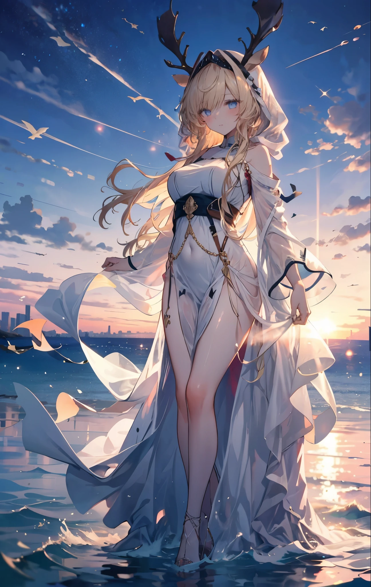 Dancing on the sea is a very beautiful scene, including elements like waves, sprays, girls, long dresses, wind, and the skyline. In this scenario, the residual glow of the sunset is sprinkled on the sea, casting a shadow on the girl. She is wearing a flowing long dress, and the sea breeze follows her movements. The waves gently lap against the shore, creating a pleasant sound. The sprays leap in rhythm with the waves, as if accompanying the girl's dance. The girl dances gracefully, her long dress floating in the wind, resembling a blooming flower. The clouds in the sky have been dyed golden by the sunset, and the golden rays reflect on the sea surface. The distant skyline outlines a beautiful and intoxicating picture. 