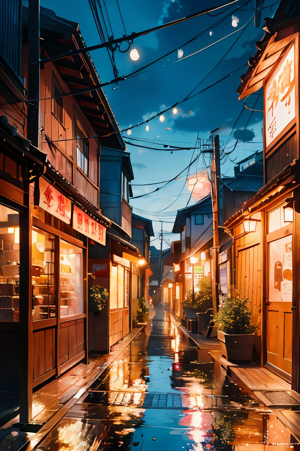 (((anime scene))), anime style. (((animee scene))), quaint little ramen shop, ramen shack, reminiscent of Spirited Away, The Salted Plum, Jiufen Old Street, Spirited Away town, nightfall, red lanterns, orange lanterns, glowing green lights, neon signs, (Ghibli style anime), a la Spirited Away and Howl's Moving Castle, dreamy color palette, raindrops scattering on the floor, oil painted textures, birds-eye view, intricately detailed shop from outside through glass windows, raindrops pelting the roof, water puddles