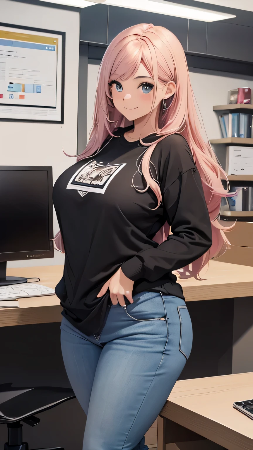 (8k, RAW foto, mejor calidad, (Obra maestra, super high quality, super detailed), anime style chica joven, random color of hair and style Absoluto, detalles intrincados, Mujer arafed apoyada en un escritorio con tres pantallas de computadora., showing stock charts, En frente de una computadora, sentado en una computadora desk, mirando el monitor, sentado frente a la computadora, sentado en una computadora, Comercio, sentado en un escritorio, Proveedores, Comercio stocks, centrado en el centro, sentado en el escritorio, accurately portrayed, A confident, curvy woman with a captivating smile, Cuerpo completo ((manos finas y detalladas)), mostrando su figura y una cintura bien definida, culata, vista trasera