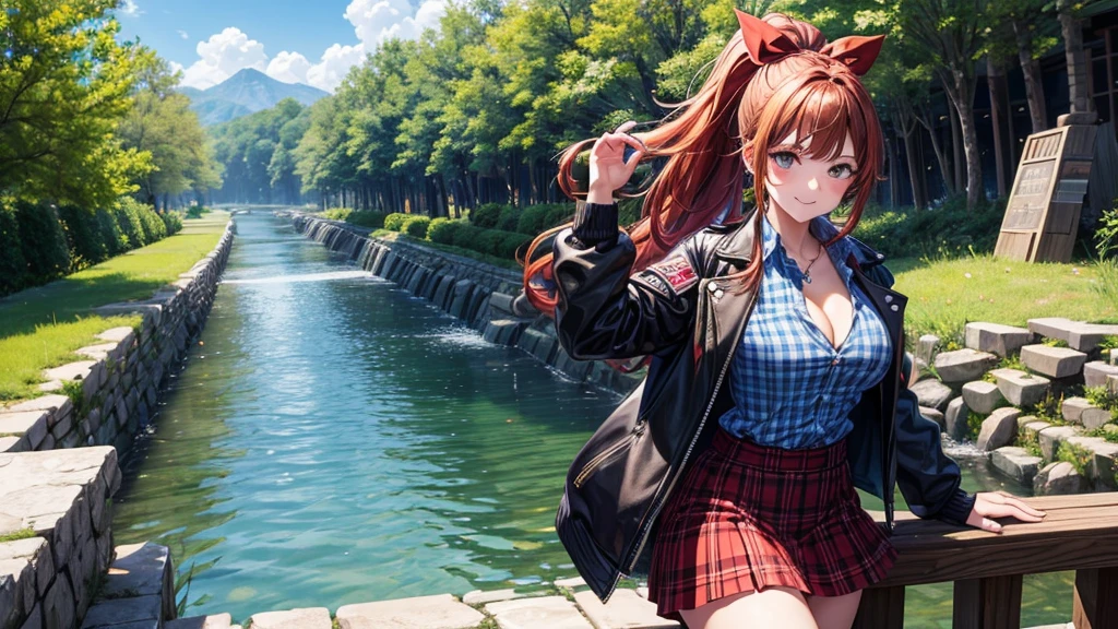 1girl, summer, village, trees, sun, clouds, ((colorful hair)), long hair, curly hair, ponytail, large breasts, button down shirt, ((blue checked shirt)), ((unbuttoned shirt)), cleavage 1:3, brown eyes, ((opened brown zipper jacket)), leather jacket, ((red black skirt)), smile, looking at the viewer, touching neck, standng, hair ribbon, golden necklate