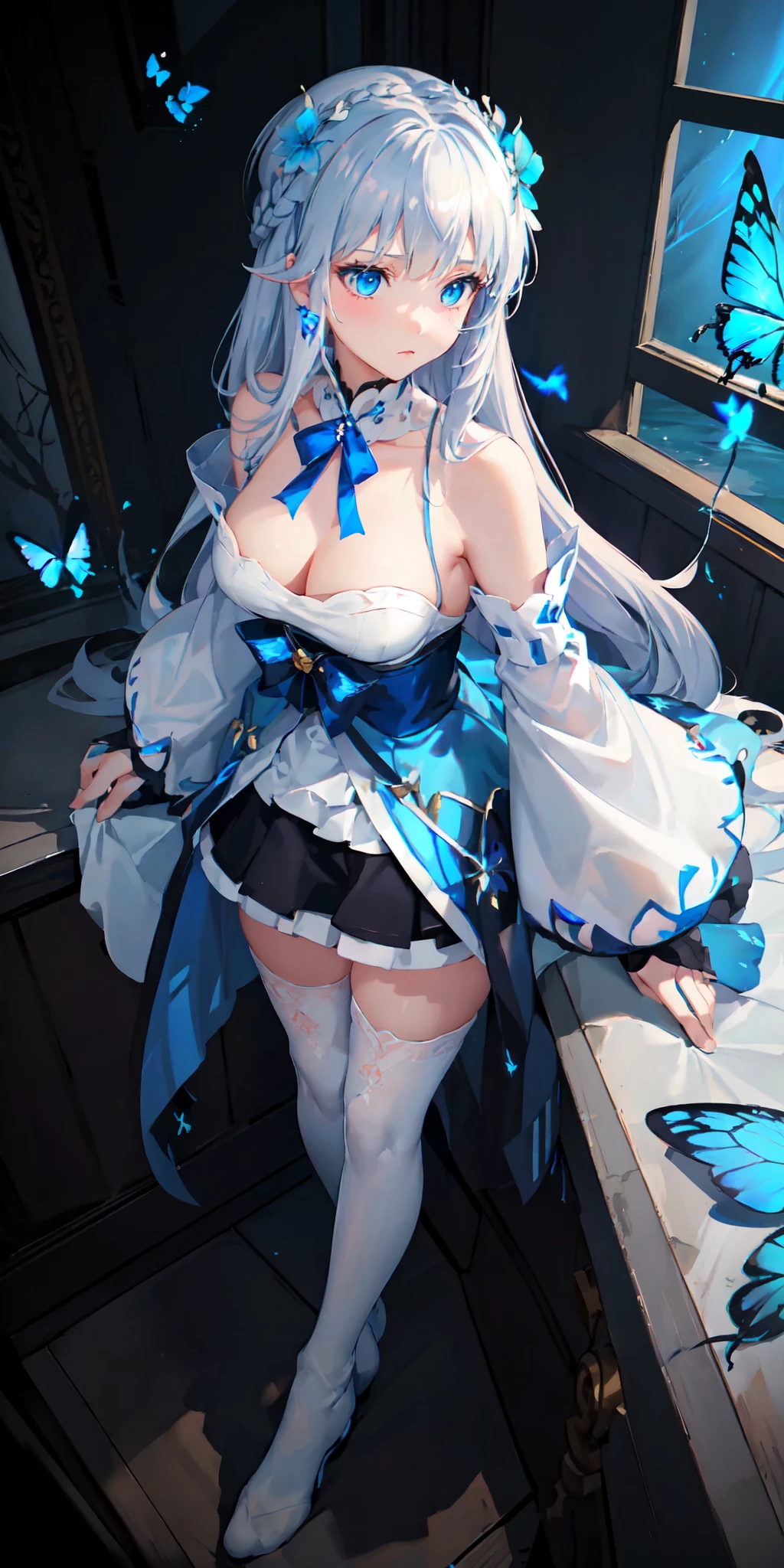(Overhead view),dynamic angle,ultra-detailed, illustration, close-up, straight on, 1girl, (fantasy:1.4), (azure blue eyes:1.233),Her eyes shone like dreamy stars,(glowing eyes:1.233),(beautiful and detailed eyes:1.1),(Silver hair:1.14),(messy hair,very long hair,french braid,hair between eyes,sidelocks), (+(bule hair flower:1.14)),(chiffon dress,bule flower pattern in uniform)/=(military uniform:1.24),(detached sleeves,wide sleeves),(fingerless gloves),choker,(miko thighhighs),High heeled boots,(expressionless,closed mouth),(standing), (classical Princess boudoir with dressing tableand french windowin a white ancient palaces),(white flowers,bloom),(abysmal sea),(flowing water),(a dull blue world tree:1.14),(ruins),(night:1.2),dreamy,soul,(fluorescence),(flying translucent blue butterflies:1.15), [[delicate fingers and hands:0.55]::0.85],(detail fingers),(yubao:0.5),