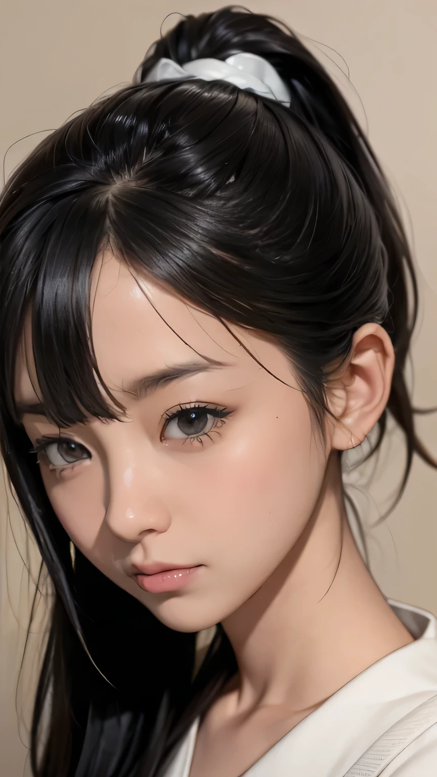 (8K High Resolution), (highest quality), (RAW Image Quality), (reality), (that'realistic:1.37), Big 目,that'Exquisite(Live-action realistic style),The ultimate face,✤ Light and shadow,clear facial features,Milky skin, Skin with attention to detail,realistic skin details,Visible pores,(Very detailed),best portrait, facial, how, ( Japanese girl, Black Hair, ponytail, Cute type), ((Be surprised, surprise, Big round eyes))