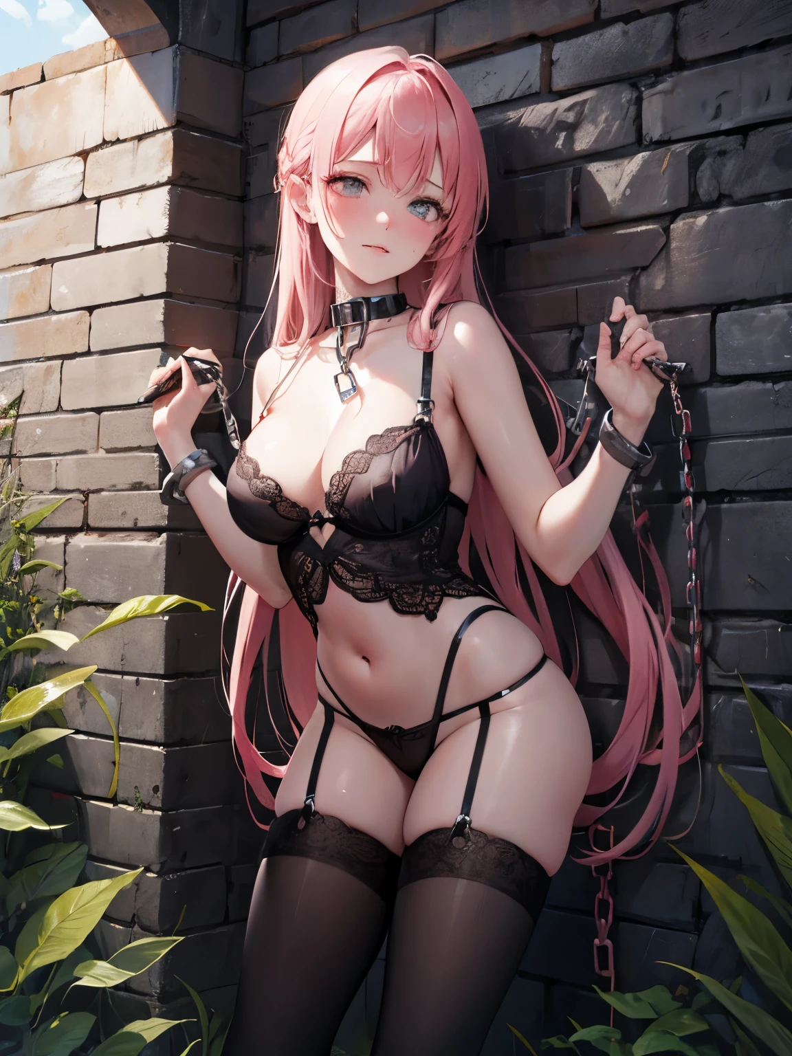  Top quality work，Photorealistic works，Hard NSFW,Ultra Premium Graphics，8K HD CG works，High-quality graphics，High-definition fine CG works，超A high resolution、(highres,masterpiece:1.2),detailed face,(upraised arms),(hands shackled),blushing cheeks,shy expression,latex lingerie,standing against a stone wall in a dungeon,Metal collar、Shackles、(sex slave)、chains、fetters、 A girl pressed against the wall,(\slave), chains,pale skin,vivid colors,sensual atmosphere,subtle lighting,erotic posing,Dynamic posing,alluring pose, (pink hair)