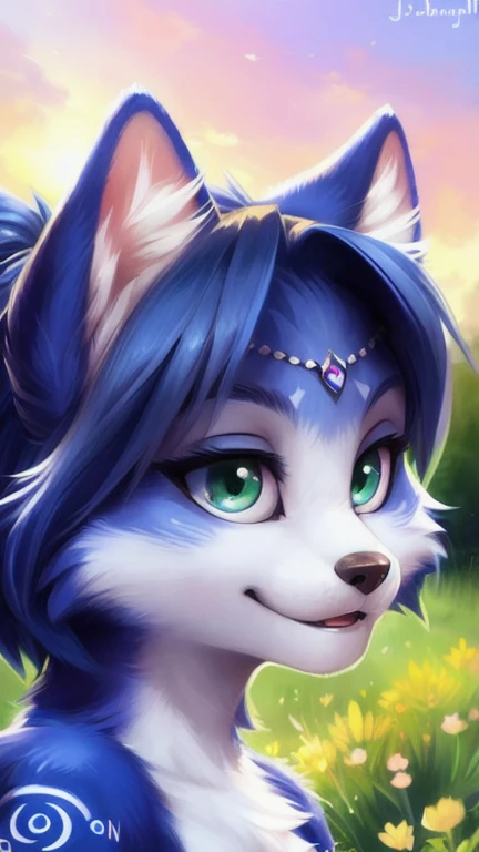 A beautiful and detailed (cute portrait) von ((Krystal)), Sternenfuchs Krystal, Schlank, liebenswert, green eyes, small breasts,  Dekollete, Grinsen, anthro, Pelzig, Hochgeladen E621, detailed flauschige fur, (von Fluff-Kevlar, Bayard Wu, personalami, Pino Daeni), detailliertes Gesicht, (flauschige), 1 girl, Allein, auf boden sitzend, alltagskleidung, in den himmel schauend, auf einer wiese, am abend