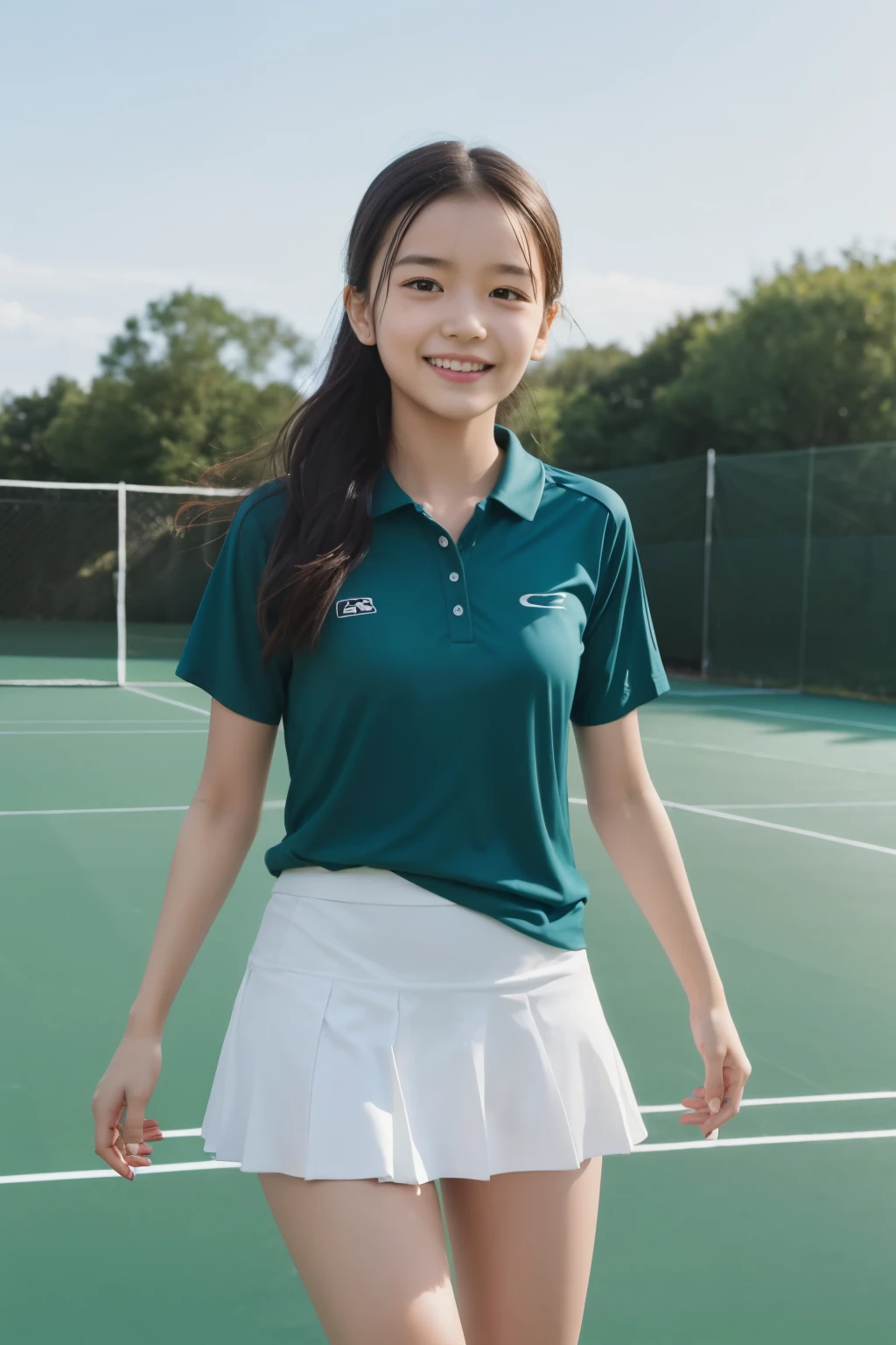 Girl and girl, ((tennis wear)), light smile, outdoor, skirt fluttering in the wind