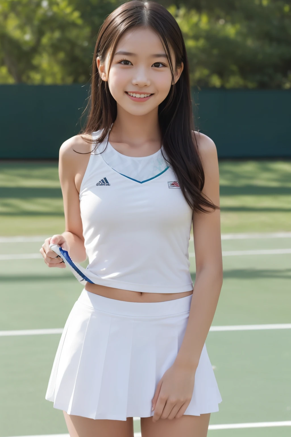 Girl and girl, ((tennis wear)), light smile, outdoor, skirt fluttering in the wind