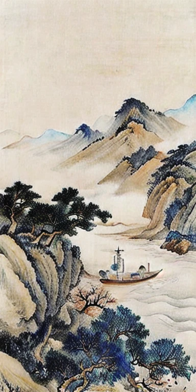 This painting depicts a ship sailing in the water，Mountains in the background, Landscape details—width 672, Landscape Art品, Chinese painting style, Chinese scenery, Inspired by Li Keran, Chinese watercolor style, Landscape, Landscape Art, Chiba Yudai, Chinese, Classical landscape painting, Landscape Art detailed