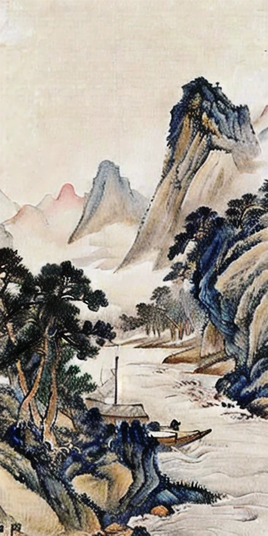 This painting depicts a ship sailing in the water，Mountains in the background, Landscape details—width 672, Landscape Art品, Chinese painting style, Chinese scenery, Inspired by Li Keran, Chinese watercolor style, Landscape, Landscape Art, Chiba Yudai, Chinese, Classical landscape painting, Landscape Art detailed