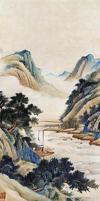 This painting depicts a ship sailing in the water，Mountains in the background, Landscape details—width 672, Landscape Art品, Chinese painting style, Chinese scenery, Inspired by Li Keran, Chinese watercolor style, Landscape, Landscape Art, Chiba Yudai, Chinese, Classical landscape painting, Landscape Art detailed