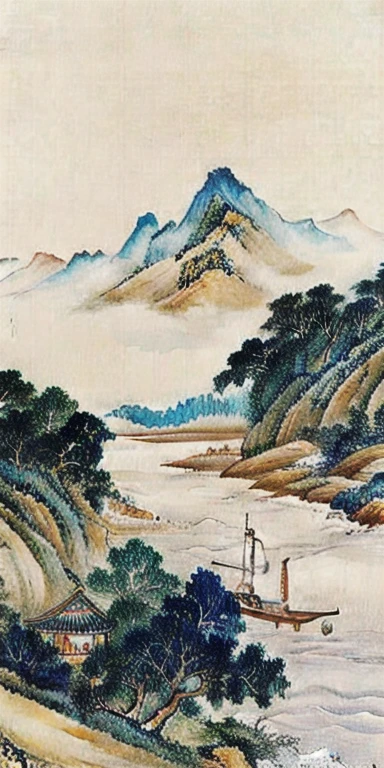 This painting depicts a ship sailing in the water，Mountains in the background, Landscape details—width 672, Landscape Art品, Chinese painting style, Chinese scenery, Inspired by Li Keran, Chinese watercolor style, Landscape, Landscape Art, Chiba Yudai, Chinese, Classical landscape painting, Landscape Art detailed