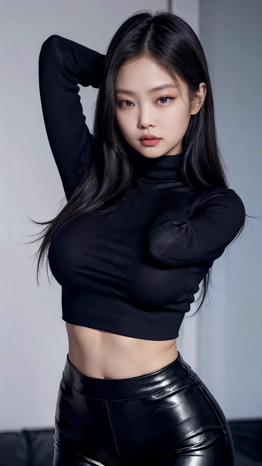 Kim Jennie, wearing a tight black croptop sweater with long sleeves, black hot pants, sexy pose, showing off the beauty of her body, big breasts