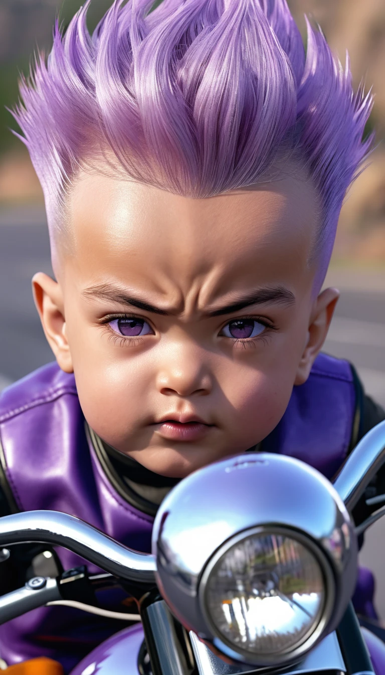 Trunks, cheveux mauve, (son of vegeta), sur une moto, (ultra realistic), 8k, (Exceptional quality), (portrait de face)