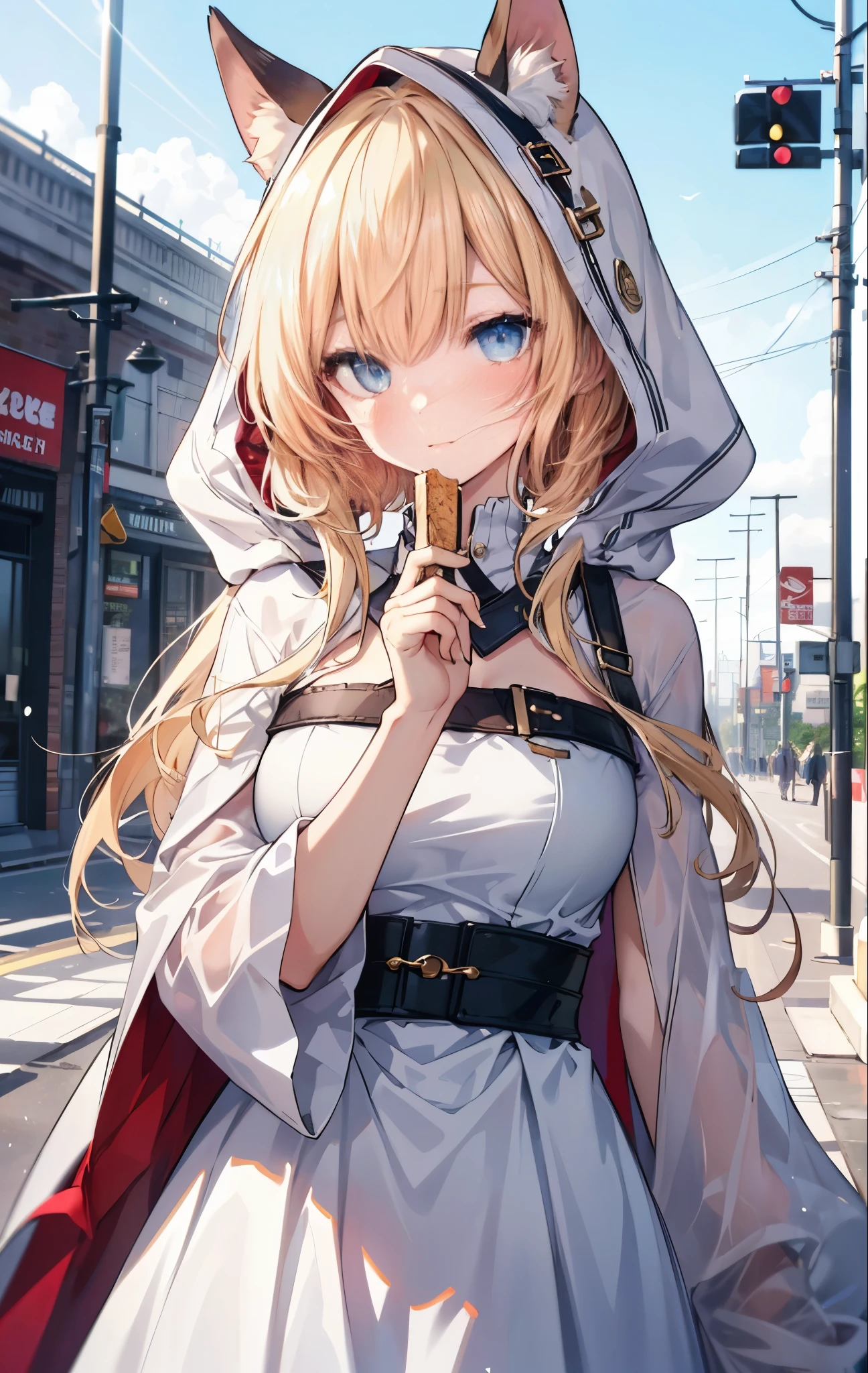 (masterpiece, Top quality, best quality, Official Art, fair), Extreme details, woman, Blonde hair, Long hair, With bangs, blue eyes, White Dress, White Skirt, Sky