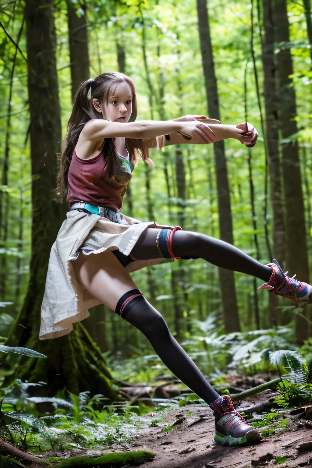 (photo Realistic:1.4), (hyper Realistic:1.4), (Realistic:1.3),whole body,zombie,girl,,No clothes,No sleeve, in the forest,metal shoes,sword,,(Legs without stockings),,