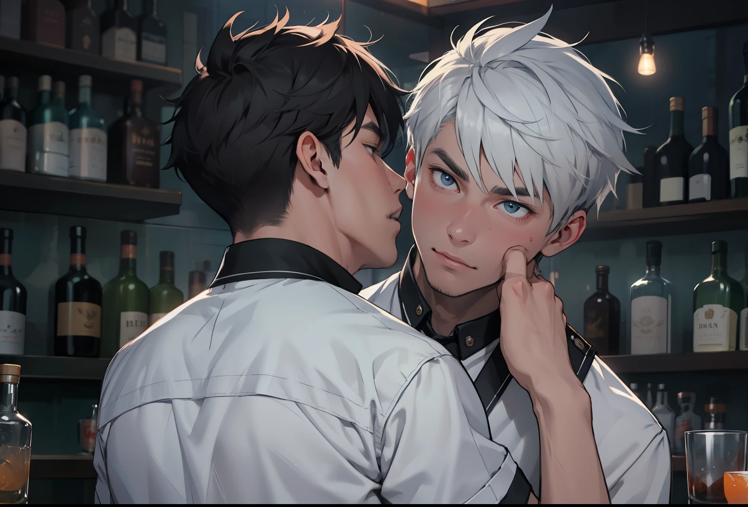 two 14-year-old boys in white shirts are in a bar at a party, having a few drinks of liquor, they talk affectionately 