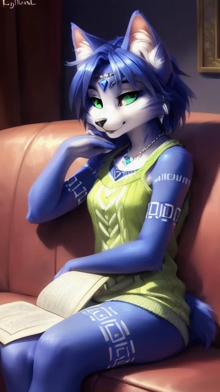 A beautiful and detailed (sweet portrait) von ((Krystal)), Sternenfuchs Krystal, Schlank, liebenswert, green eyes, medium breasts, (((Lange blaue Haare 1.3))),  Dekollete, Grinsen, hoch schauen,, anthro, Pelzig, Hochgeladen E621, detailed flauschige fur, (von Fluff-Kevlar, Bayard Wu, personalami, Pino Daeni), detailliertes Gesicht, (flauschige), 1 girl, Allein, auf einem sofa sitzend, alltagskleidung, heller pullover 1.3, schwarze hose
