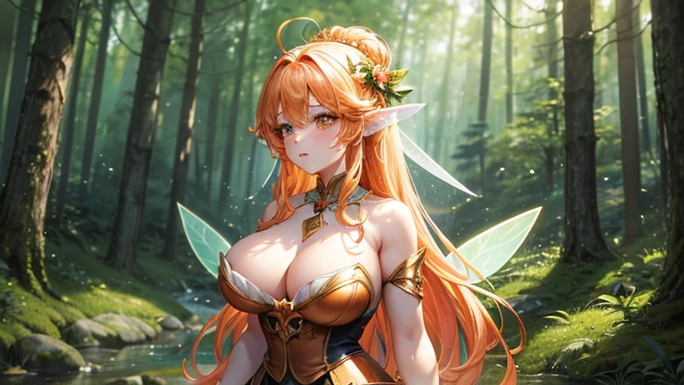 ((Fairy of the Forest)),best quality, elaborate illustrations, Sexy and cute expression, Powerful and beautiful eye shadow, delicate and shining eyes, best quality, beauty ballerina、blonde gradient hair (Chartreuse, orange색 하이라이트)、big bust, thick thighs((whole body))、(( photo taken in the forest)))、In the green forest(various fruits, apologize, orange, peaches, etc.)