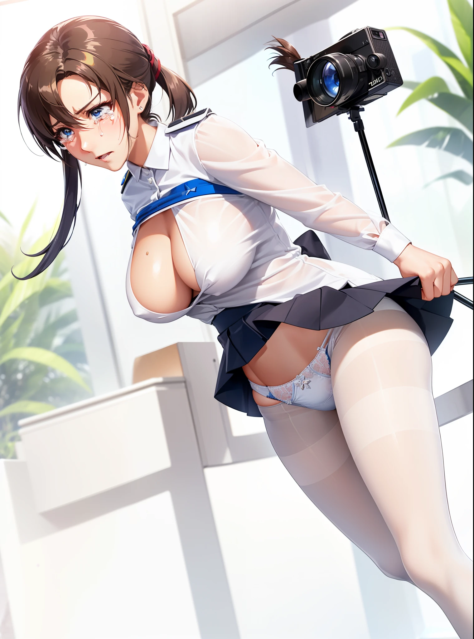 One Girl, Shiny skin, 最high quality, (Game CG:1.4), Browsing Caution, Beautiful face and eyes in every detail,Big Tits、Small lingerie, Severe, Big ample breasts、((最high quality)), (Very detailed), (Very detailed CG 統合 8k 壁紙), Very detailed, High resolutionのRAWカラー写真, Professional photography,from the front, (((White lace sheer panties)))、I can see your face、(((A regretful look))),(((Embarrassed face)))、(((Are crying)))、(((Anguished expression)))、Glaring, Angry、(((Her white panties are visible through the)))、((White underwear pattern))、Dancing、((((She is embarrassed that the audience has seen her panties))))、 (((She forgot to put on her underwear so her underwear was completely visible))), (((The audience is happy to see her panties))), (((A crowd of spectators point their cameras at her panties))), ((Nipples are visible))、Full Shot、(((Her skirt is flipped up))),(born, 最high quality, masterpiece:1.5), (Realistic, Intricate details:1.2), 超High resolution, (high quality, High resolution, The finer details), alone, Curvy Women, blush, Sweat, Oily skin, Shallow depth of field,(masterpiece、最high quality、High resolution、Unity 8k wallpaper、Very detailedCG:1)、(Awareness-raising:1.0)、One Girl、最high quality、8Kmasterpiece、((software)), ((multiple girls)), (18-year-old female, Beautiful detailed woman, policewoman),( Blue Hair),(short hair),White and thin uniform,Blue micro mini skirt), ((With a shy look:1.5)), Huge breasts, Hard nipples, Slim Waist, Thick thighs, Ultra mini skirt, ((Black Pantyhose)), (((I'll lift my skirt to show you my pantyhose))), ((Leg spread)), (Please open your legs),, look down,((Skirt Lift)),(((Boldly flip up the skirt)))
