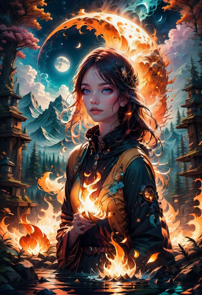 1girl, Campfire, aesthetic, Camping under a double moon, detailed matte painting, deep color, fantastical, intricate detail, splash screen, complementary colors, fantasy concept art, 8k resolution trending on Artstation Unreal Engine 5