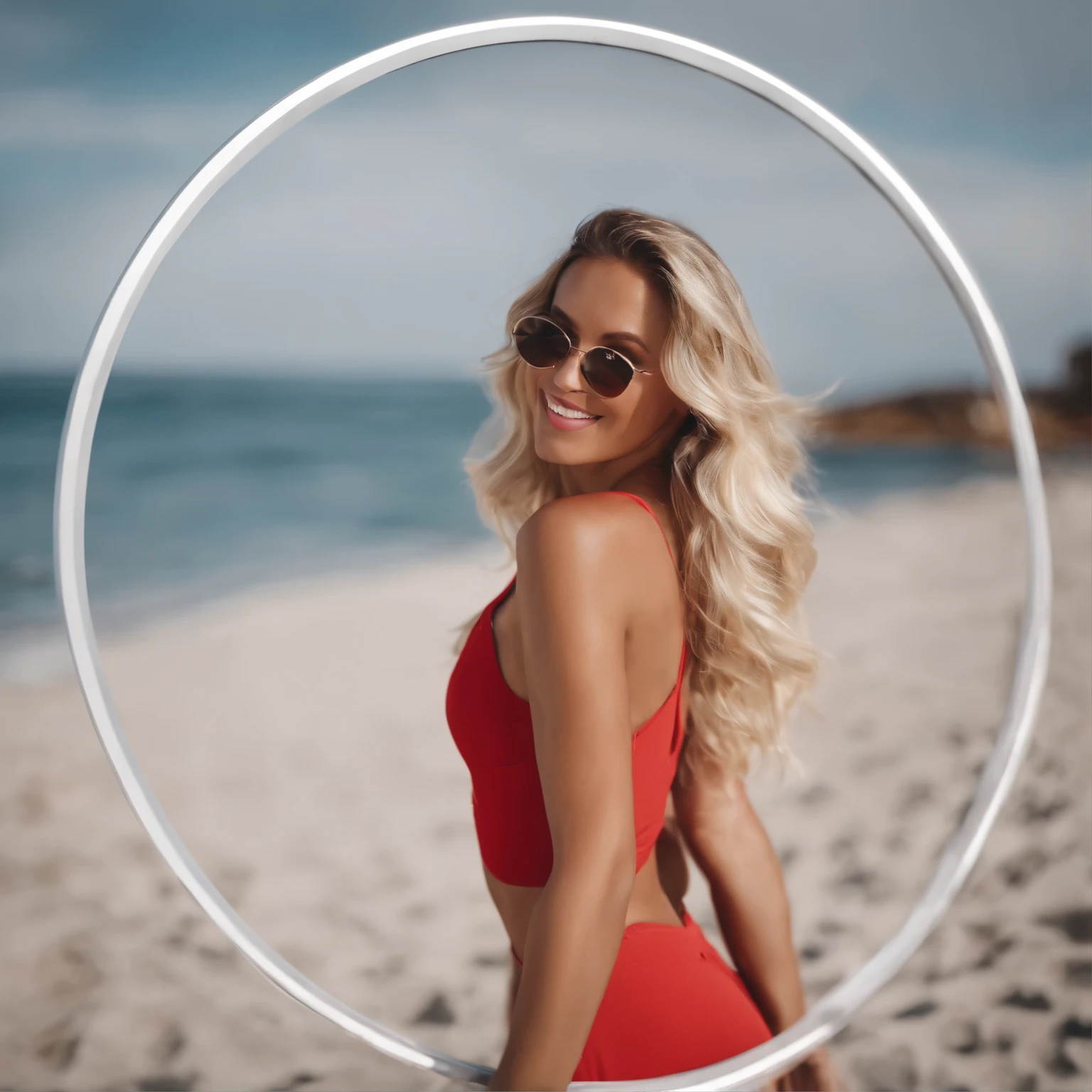Make a round sign for my youtube channel where in the circle will be a cartnika, and behind the circle will be a white background. On the picture in the circle is the text "HOT MUSIC", the text in red color, the mood of beach vacation with beautiful blondes and dance pop music.