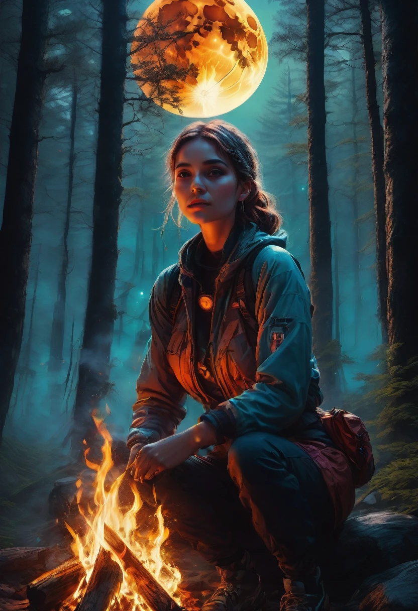 1girl, Campfire, aesthetic, Camping under a double moon, detailed matte painting, deep color, fantastical, intricate detail, splash screen, complementary colors, fantasy concept art, 8k resolution trending on Artstation Unreal Engine 5