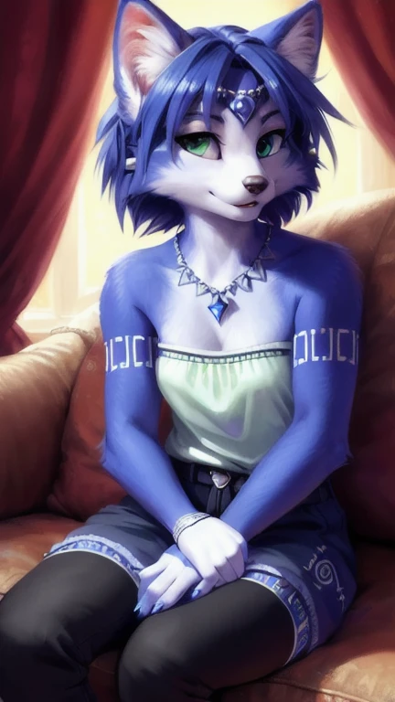 A beautiful and detailed (sweet portrait) von ((Krystal)), Sternenfuchs Krystal, Schlank, liebenswert, green eyes, small breasts, Dekollete, Grinsen, hoch schauen,, anthro, Pelzig, Hochgeladen E621, detailed flauschige fur, (von Fluff-Kevlar, Bayard Wu, personalami, Pino Daeni), detailliertes Gesicht, (flauschige), 1 girl, Allein, auf einem sofa sitzend, alltagskleidung, hellbrauner pullover, schwarze hose