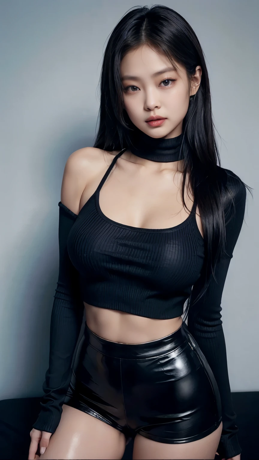 Kim Jennie, wearing a tight black croptop sweater with long sleeves, black hot pants, sexy pose, showing off the beauty of her body, big breasts