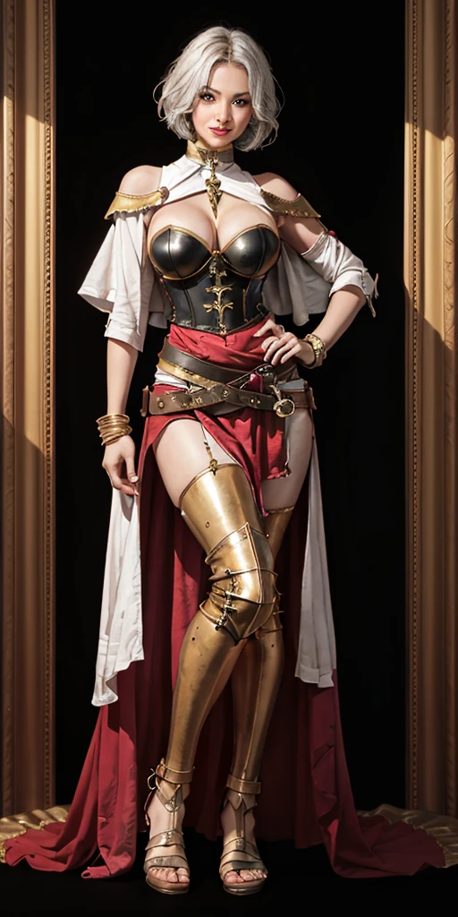 ((BLACK BACKGROUND 1:2, masterpiece)) 1solo female full body MILF BIMBO standing straight symmetrical with two long thighs and two metal sandals, red eyes like rubies, eye focus looking to the viewer, silver white hair, short bob style hair, big knockers breastplate, breastplate, cleavage, tiara royal, long cape up to two feet, yellow bikini (yellow tiger stripes), lustful smirking smiling, smile face (red blushed, red cheeks), pauldrons metal shoulders, gold sleeveless bracelets, separate sleeves, hands on waist hands OR hips, golden bracers, metal handcuffs, leather corset, red loincloth, black leather choker slave collar, shackles bracelets, slave red crest under navel, navel, big belt around waist OR hips, feet together, metal ankle, two long thighs and two metal sandals