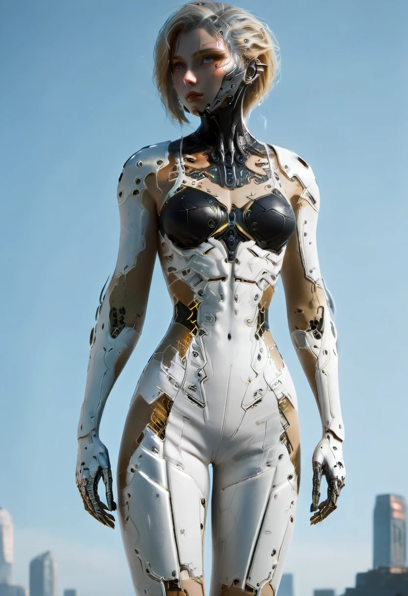 ((masterpiece, highest quality, Highest image quality, High resolution, photorealistic, Raw photo, 8K)), Abandoned robot soldier on battlefield, broken and immobile, rust and moss showing passage of time, female cyborg body, Blonde, female body, biomechanical , extra detailed body, blowjob white mech, white biomechanical details, detailed body, shiny white armor, cybernetic body, eva unit-00 on back, full body details, destroyed city in the background, (liquid armor)