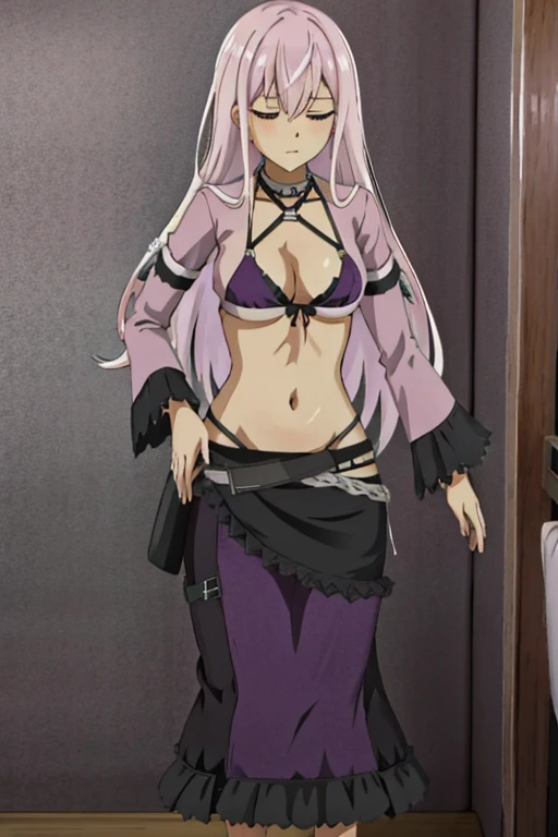 Anime girl sleeping, wearing a bikini top and long skirt, whiling grabbing her poor stomach in pain