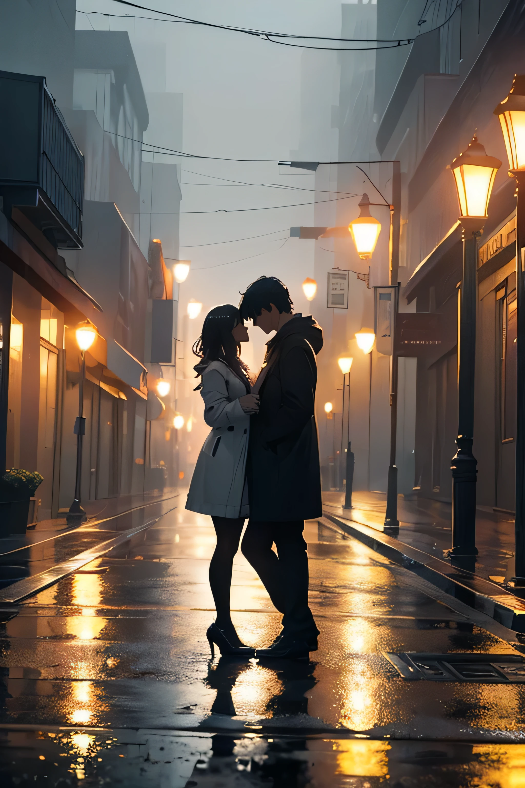 Streetlights shimmered through the mist, casting an ethereal glow on the wet pavement below, creating a romantic ambiance