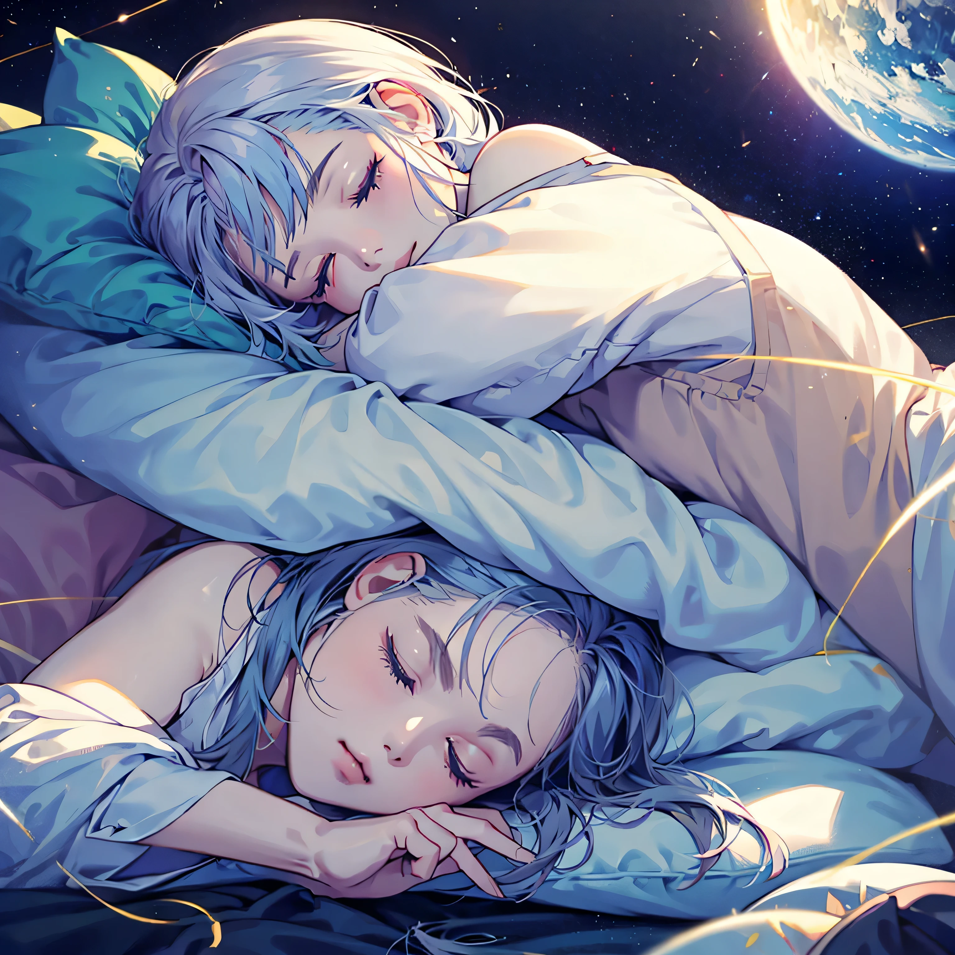 Draw a sleeping person, who dreams beautiful dreams. in anime style.