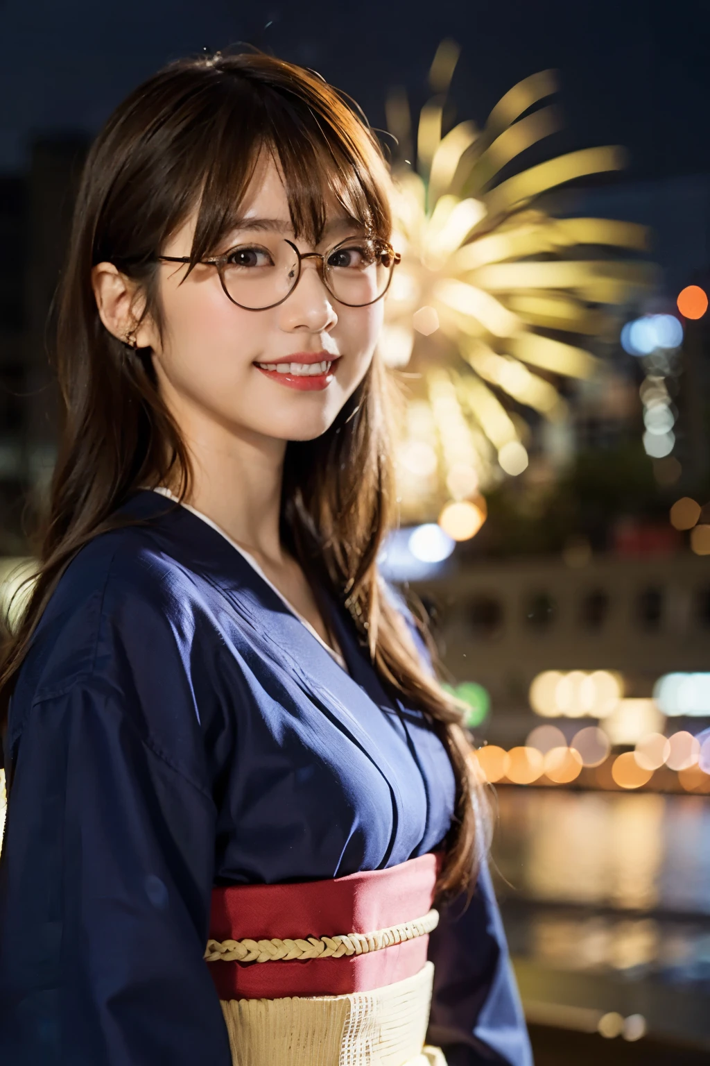 (8k、Original Photography、Top quality、masterpiece:1.2)、(Realist、Photorealistic:1.37)、Ultra Detailed、Ultra-high resolution、1 girl、Opinions vary、Beautiful and delicate face、a smile、shrink、(Slim waist) :1.3)、Japanese goldfish blue yukata、Beautiful and smooth skin、Texture、Flowing hair、braid bow hair、Professional lighting、Fireworks show venue、Black square glasses 、The whole body、Brown hair、great fireworks、