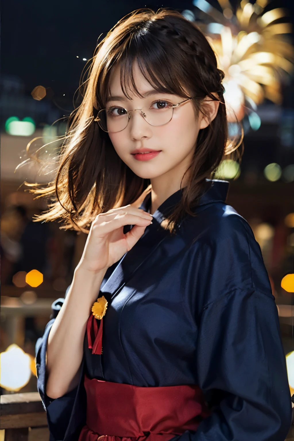 (8k、Original Photography、Top quality、masterpiece:1.2)、(Realist、Photorealistic:1.37)、Ultra Detailed、Ultra-high resolution、1 girl、Opinions vary、Beautiful and delicate face、a smile、shrink、(Slim waist) :1.3)、Japanese goldfish blue yukata、Beautiful and smooth skin、Texture、Flowing hair、braid bow hair、Professional lighting、Fireworks show venue、Black square glasses 、The whole body、Brown hair、great fireworks、