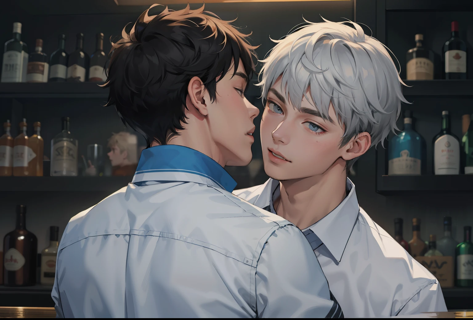 two 14 year old boys are in a bar at a party having a few drinks of liquor