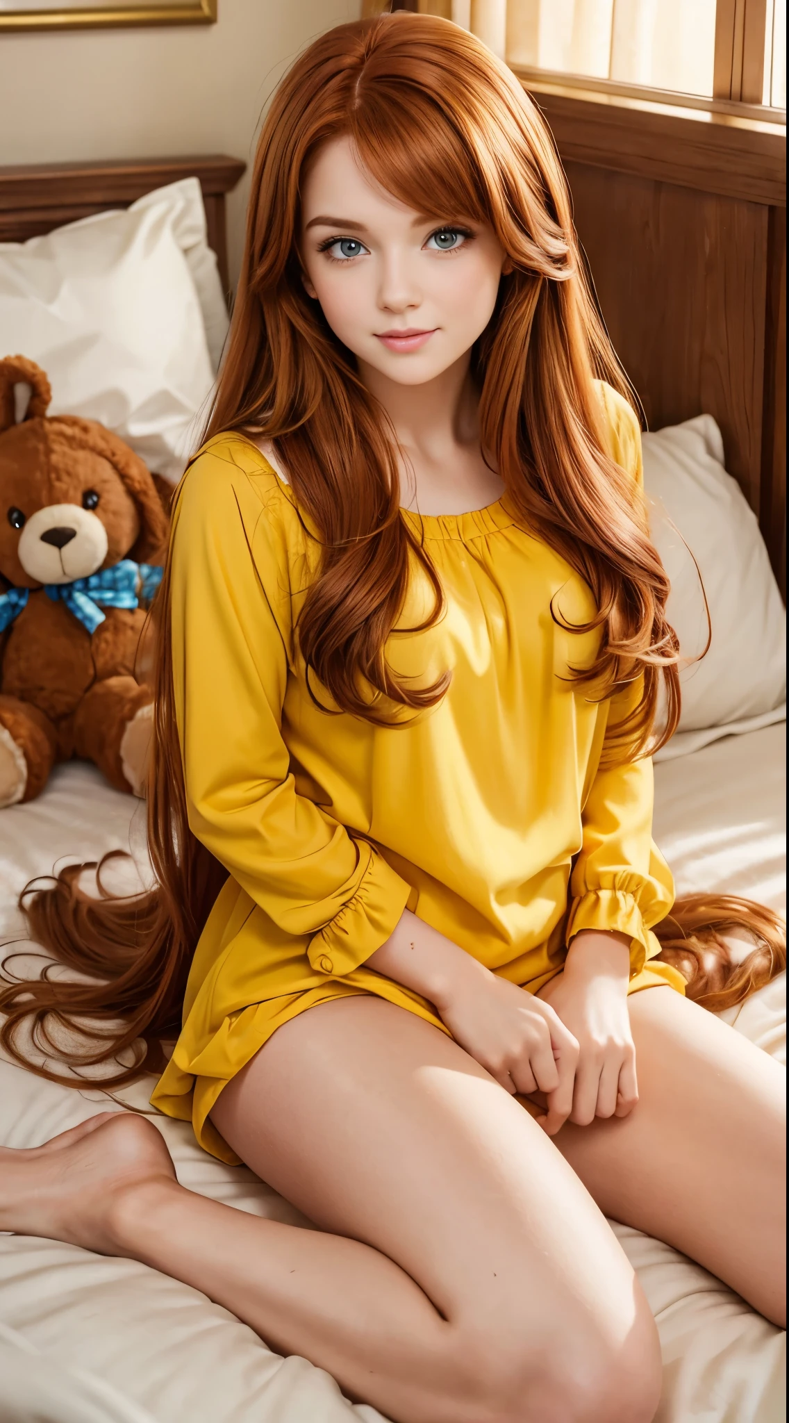 Beautiful redhead girl with brown eyes and long hair in yellow clothes lying on a bed with stuffed animals night daring photo shoot