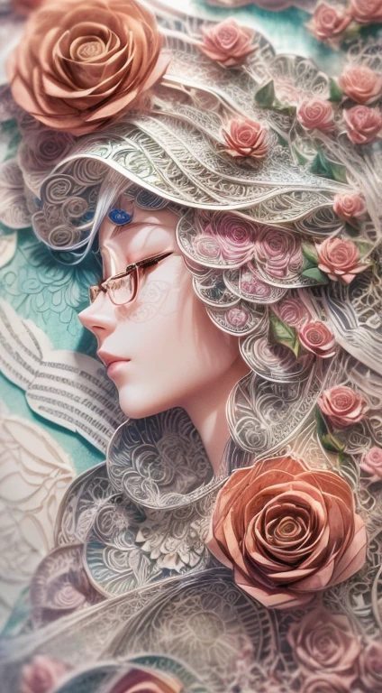 (figure:1.3),Paper Art, Tangled,3D Rendering,Blue background,spring,(Beautiful profile,close your eyes:1.3),(white lotuses:1.2), colorful, highest quality, detailed details, masterpiece, Official Art, Cinematic Lighting Effects, 4K,Pink Hair、Glasses、