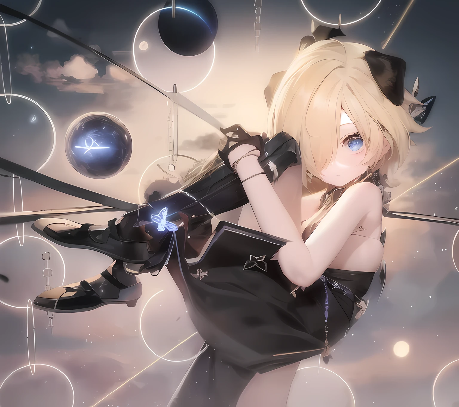 blonde anime girl in a black dress with a full moon in the background, blue eyes, have cute brown dog ears, kagamine rin, nightcore, anime style. 8k, starry sky!!, /!\ the sorceress, beautiful celestial mage, anime styled digital art, astral witch clothes with butterfly, dreamy night, anime styled 3d, [ digital art ]!!