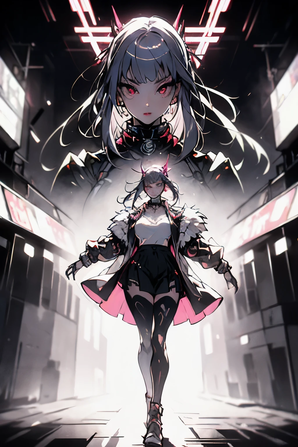 (art, best quality, ultra-detailed, high contrast), 1 woman (Alone, full body, plus size body, standing on the edge of the skyscraper, silver hair, LONG FLOWING HAIR in a ponytail, broken ruby red eyes, (leggings, pleated skirt, sports top, high ponytail, high boots, long fur jacket, black cybernetics with neon pink), detailed face, black transparent tights, ( on a foggy moonlit night in a ghost town, detailed background ()) detailed face, hyper detailed eyes, detailed lips , , with a metal necklace with chain around her neck, lineart, multiple view(1, 2)