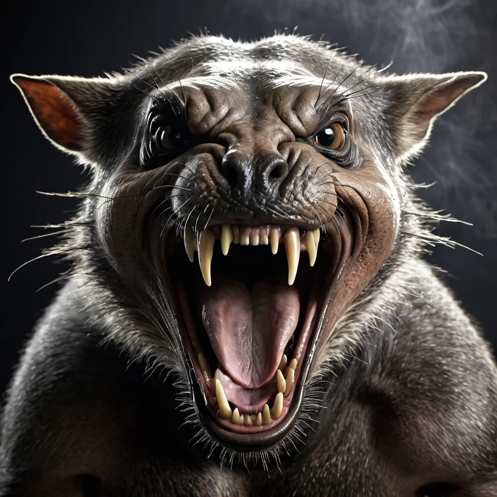 aggressive anthropomorphic creature, open mouth, terrible expression of the muzzle