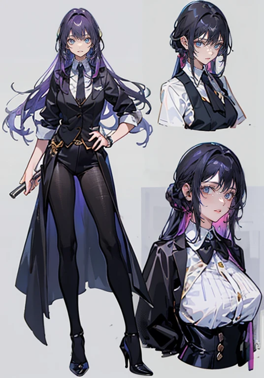 ((Perfect Face)),Purple Hair,voluminous long hair,1 female,bartender,suit,Black vest,Shirt with rolled up sleeves,tie,slit,High heels,,((Simple Background)),smile,((whole body)),((whole body)),Portraiture,virtual,upright,,Both arms are down,Standing upright with face and body facing forward,