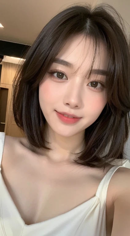 ((highest quality, 8k, masterpiece:1.3)), concentrate: 1.2, Perfect body beauty: 1.4, Hips: 1.2, ((Layered Haircut, chest: 1.2)), Bandeau dress: 1.1, Highly detailed face and skin texture, Beautiful Eyes, double eyelid, Whitening skin, Long Hair, (shut up: 1.3), smile、体がFacing the audience、Facing the audience、chestの豊chest