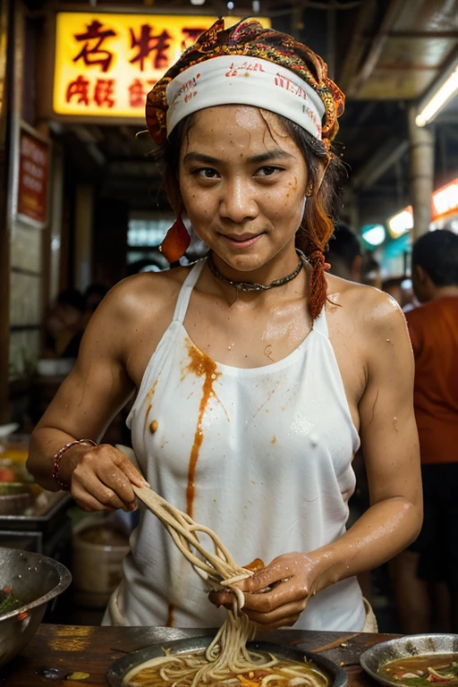 Iconic Malaysian dishes, a vibrant Malaysian Penang Hawker center food scene with laksa taking center stage, a raining ((water)) bustling market atmosphere with skilled cute messy shirtless female vendor, eating sausage ((putting sausage in mouth dripping sauce)), wearing wet white bandana, choker, belt, arm band, ((noodle on head)), showing wet dripping armpit water, drenched with sweat and soy sauce ketchup tomato sauce, splashing soups and water, messy hair wet hair, smiling look into camera, colorful ingredients on display, ((rope metal chains rope knots)) on head and body, capturing the essence of Thai street gastronomy, Photography, documentary-style shot with a prime lens (50mm), focusing on the dynamic energy of the street food stall,