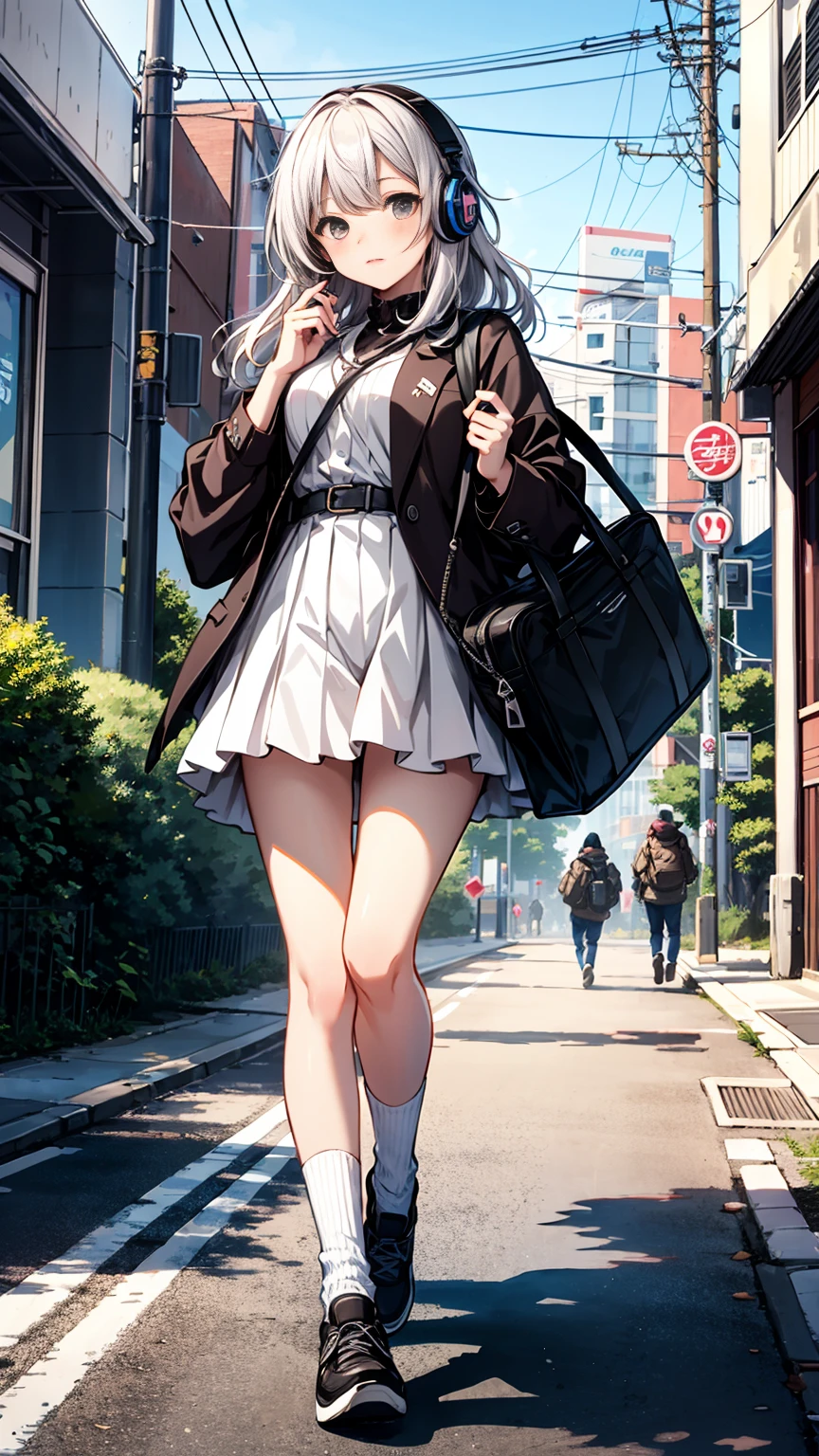 (masterpiece), (highest quality:1.4), (Ultra-high resolution:1.2),  Highly detailed background, (unity 8k wallpaper), Cute high school girl wearing headphones walking through the streets of Tokyo。Illustrations inspired by city pop culture、uniform、Wear loose socks for a stylish and nostalgic look、Display one subject without splitting the screen