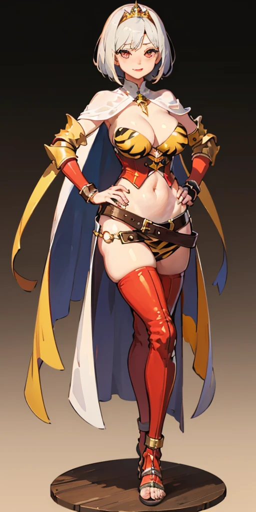 Two long thighs, yellow eyes, blonde hair, short hair, large breasts, detached sleeves, very white background, royal tiara, long cape, yellow tiger bikini, high heels, hands on hips. red tattoo on belly navel, full body female MILF BIMBO, lustful smirking smile face (red blush), metal shoulders, golden bracers sleeveless, black choker sex slave