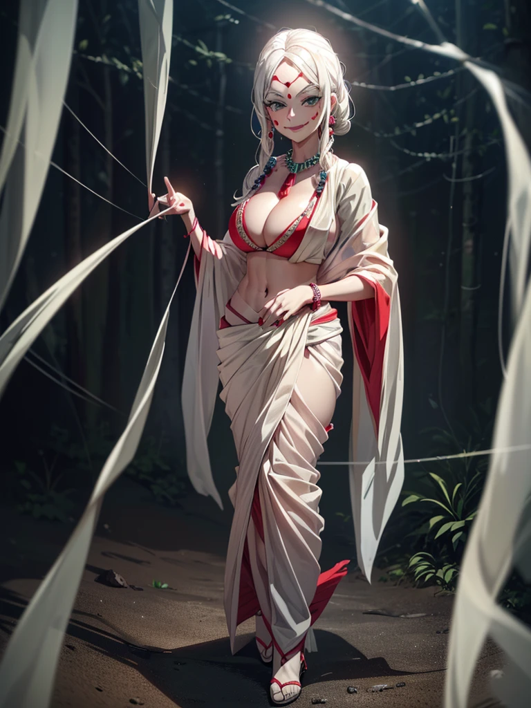 (8k, RAW photos, minino:1.1) ,female,(looki at viewer company),cowboy lens,Japanese,mother spider / (demon slayer\),(fullbody saree:1.1),La Brett Piercing,cleavage,(((saree))),seductive smile,Be red on the face, full body photo, standing, lean, muscular legs, muscular belly, white hair ,seductive pose, Professional lighting、photon mapping、physics-based rendering、dark theme,wearing wifs, jewellery and necklace, alone, extreme high quality, legs covering saree