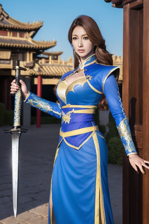 (Masterpiece，High-definition，Surreal、Digital Art:1.2)、Beautiful Female Warrior，Three Kingdoms，Fine eyes and face，Tall Woman，Chinese Warrior，Hanfu、(Dynamic pose with sword:1.2)、General temperament，Tall Woman，Strong Body，Wide ass，Cleavage、In front of the gate of an ancient Chinese castle、Full Body Portrait